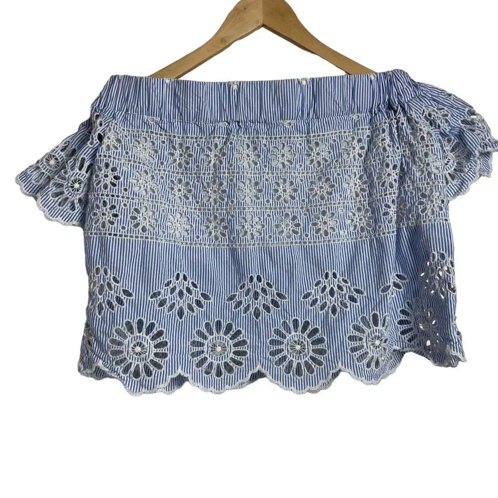 SEA New York Off-the-Shoulder Blue White Stripe Eyelet Top Size 0 - Picture 7 of 9